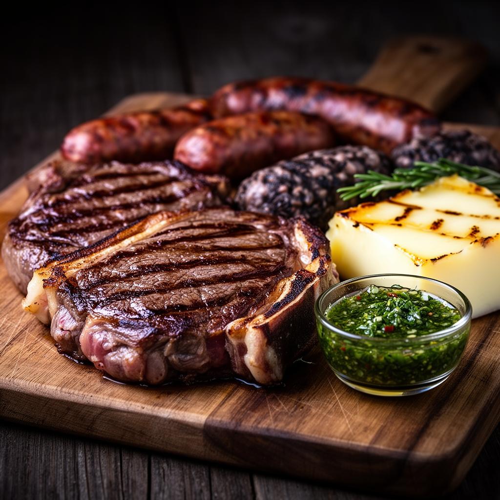 Grilled Argentinian meats with chimichurri on a wooden board