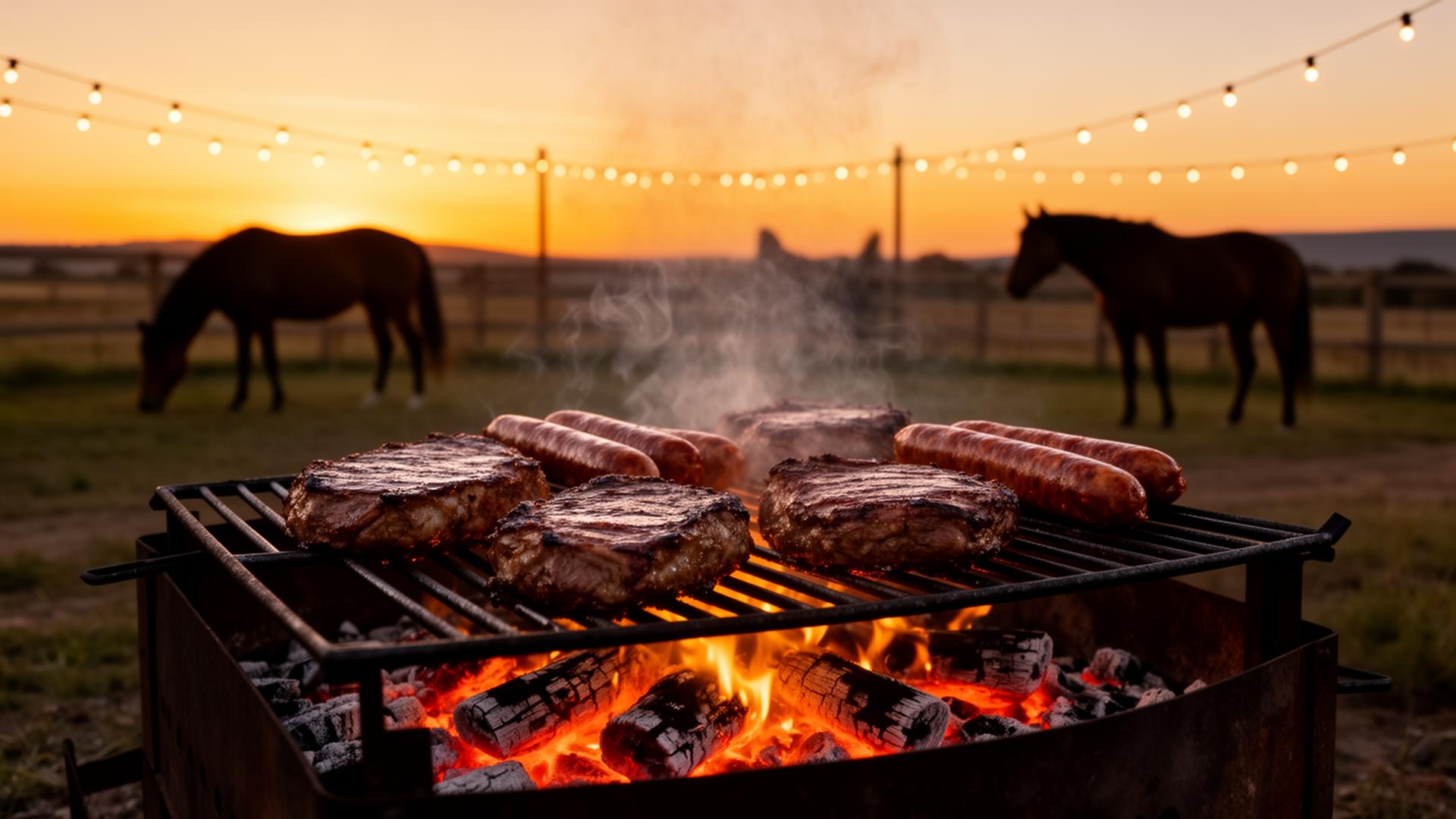 Argentinian asado on open fire at sunset, horses in the background at Heart of Galilee Ranch